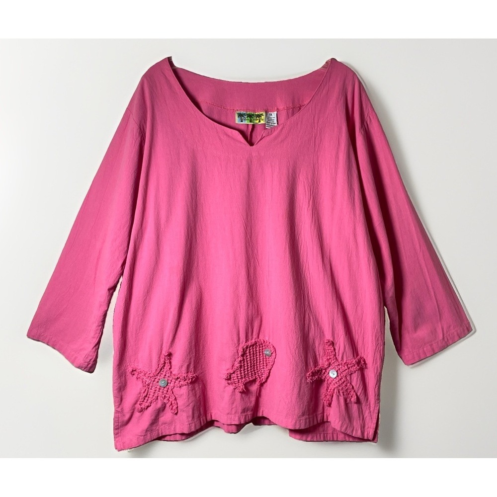 Palm Grove Pink Gauzy Cotton Coastal‎ 3/4 Sleeve Artsy Pullover Shirt Women's 1X
